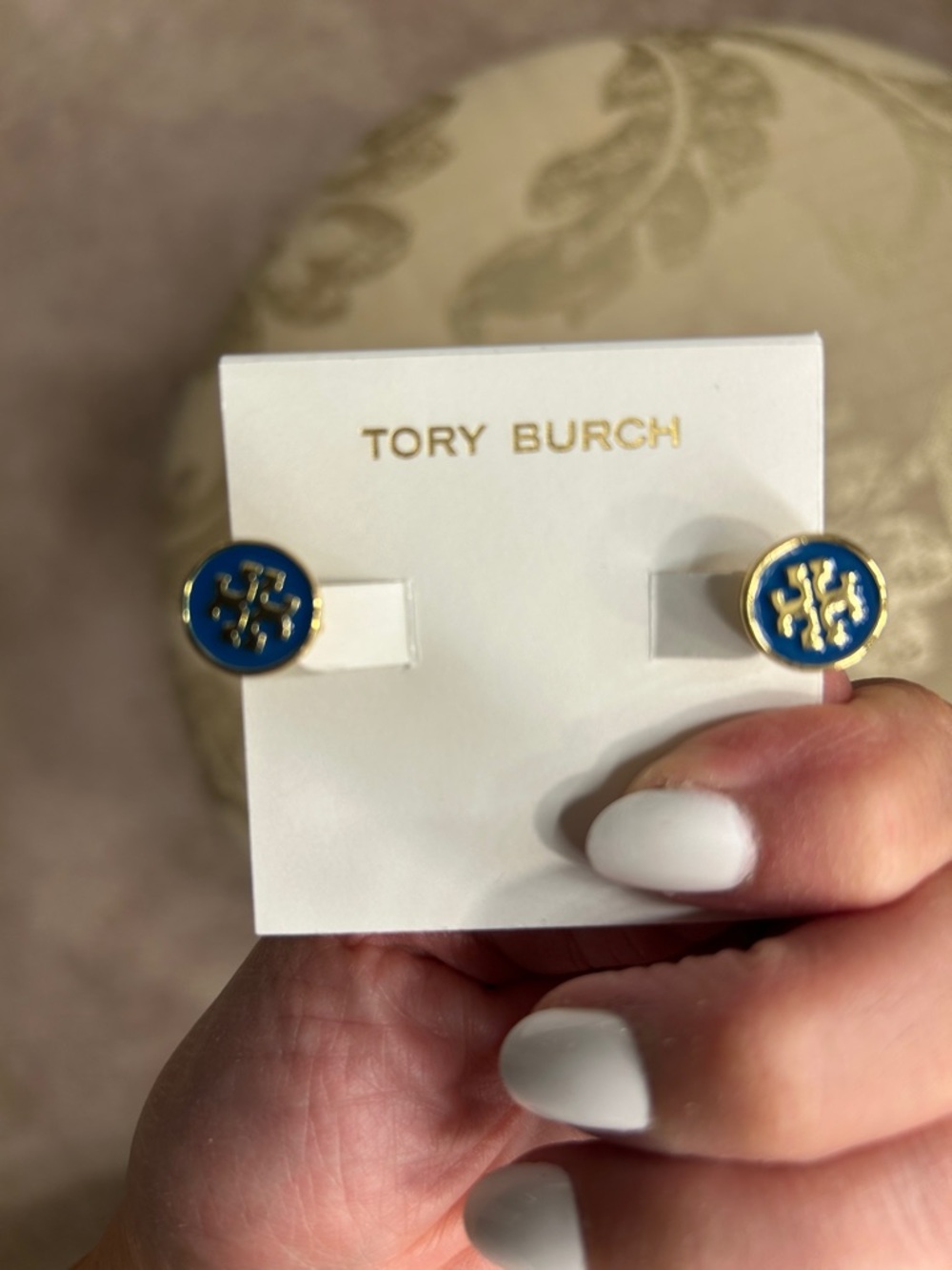 Tory Burch Royal Blue and Gold Logo Stud Earrings